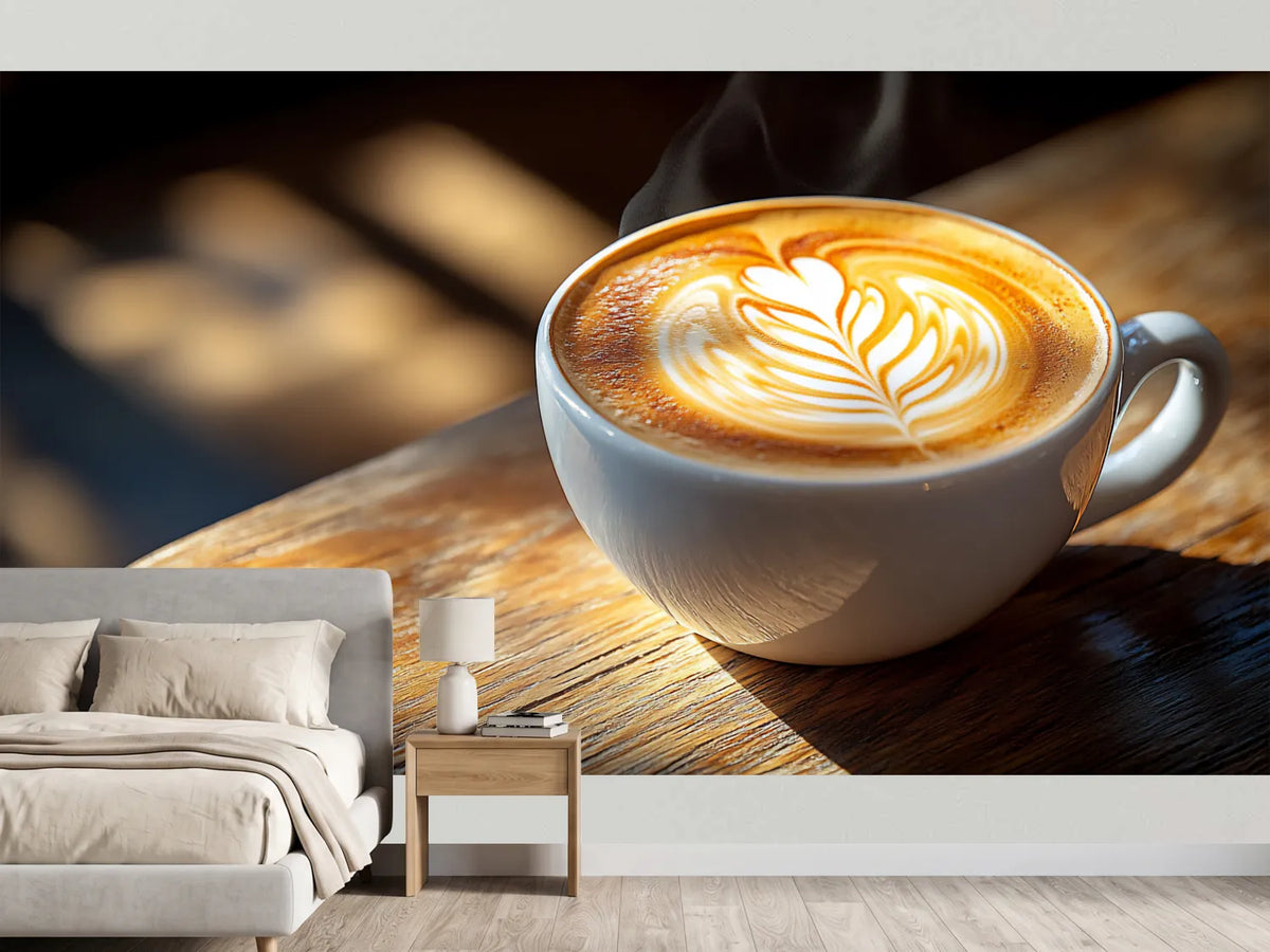 photo-wallpaper-a-steaming-cup-of-coffee-with-latte-art-on-a-wooden-table-in-a-cafe