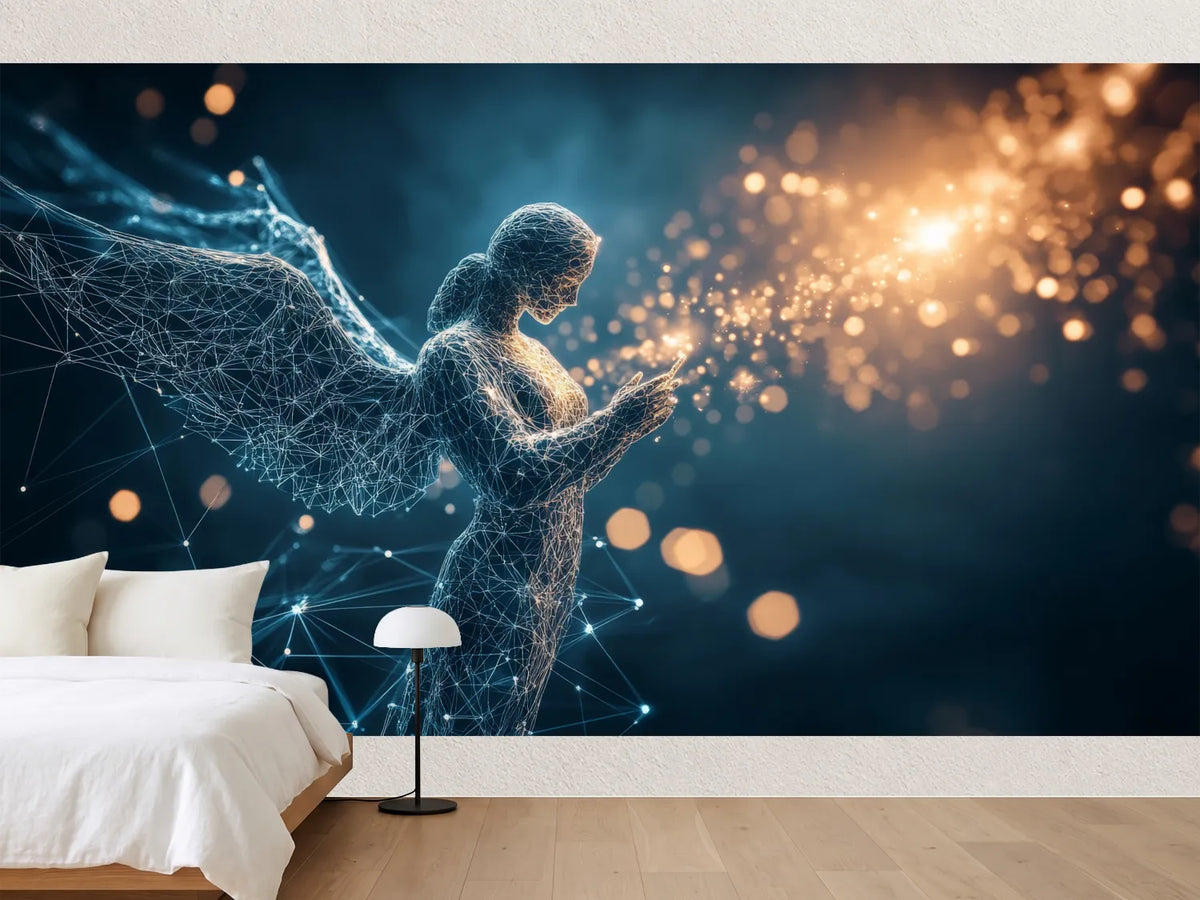photo-wallpaper-wireframe-guardian-angel-in-blue-light-releasing-golden-sparks