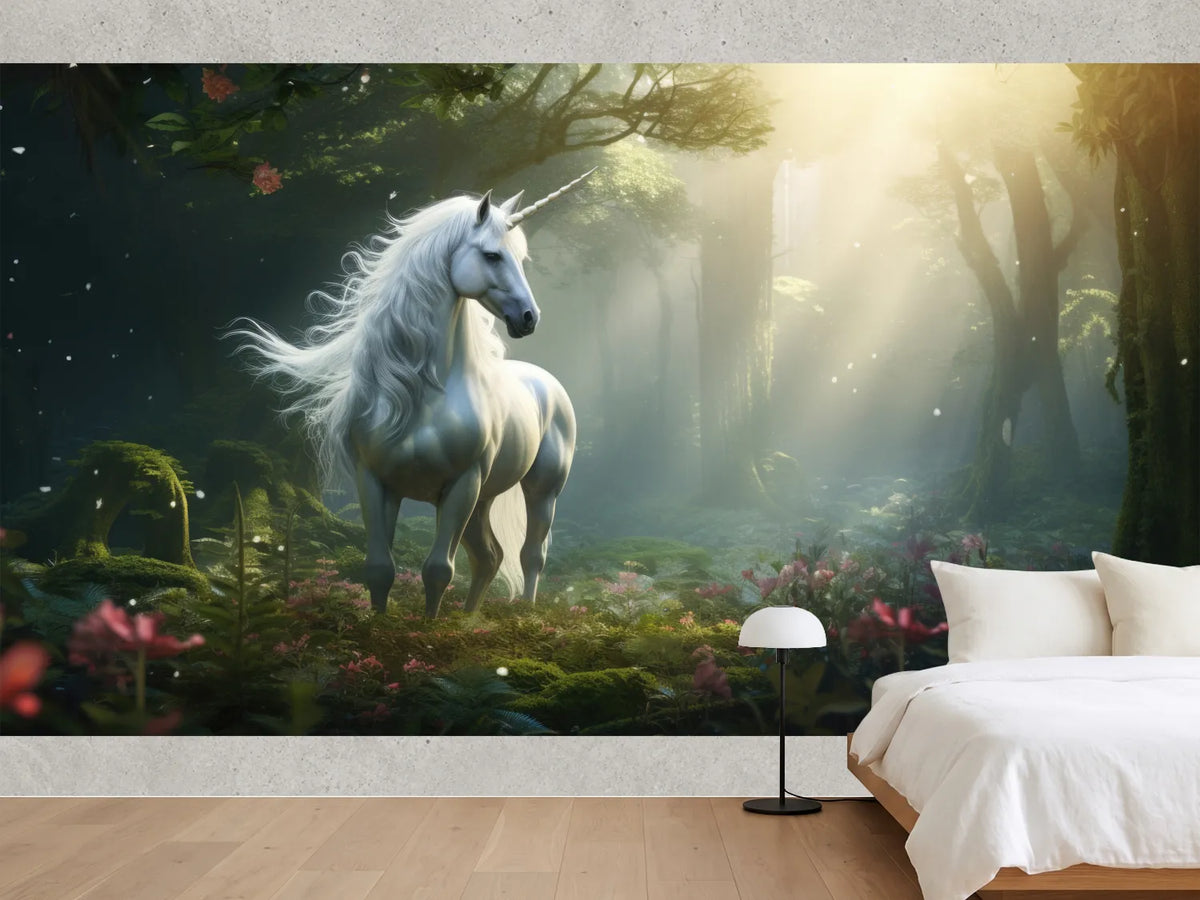 photo-wallpaper-white-unicorn-in-a-mossy-forest-with-sunbeams-and-pink-blossoms
