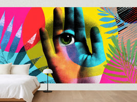 photo-wallpaper-green-eye-in-an-open-palm-amid-neon-pop-art-shapes