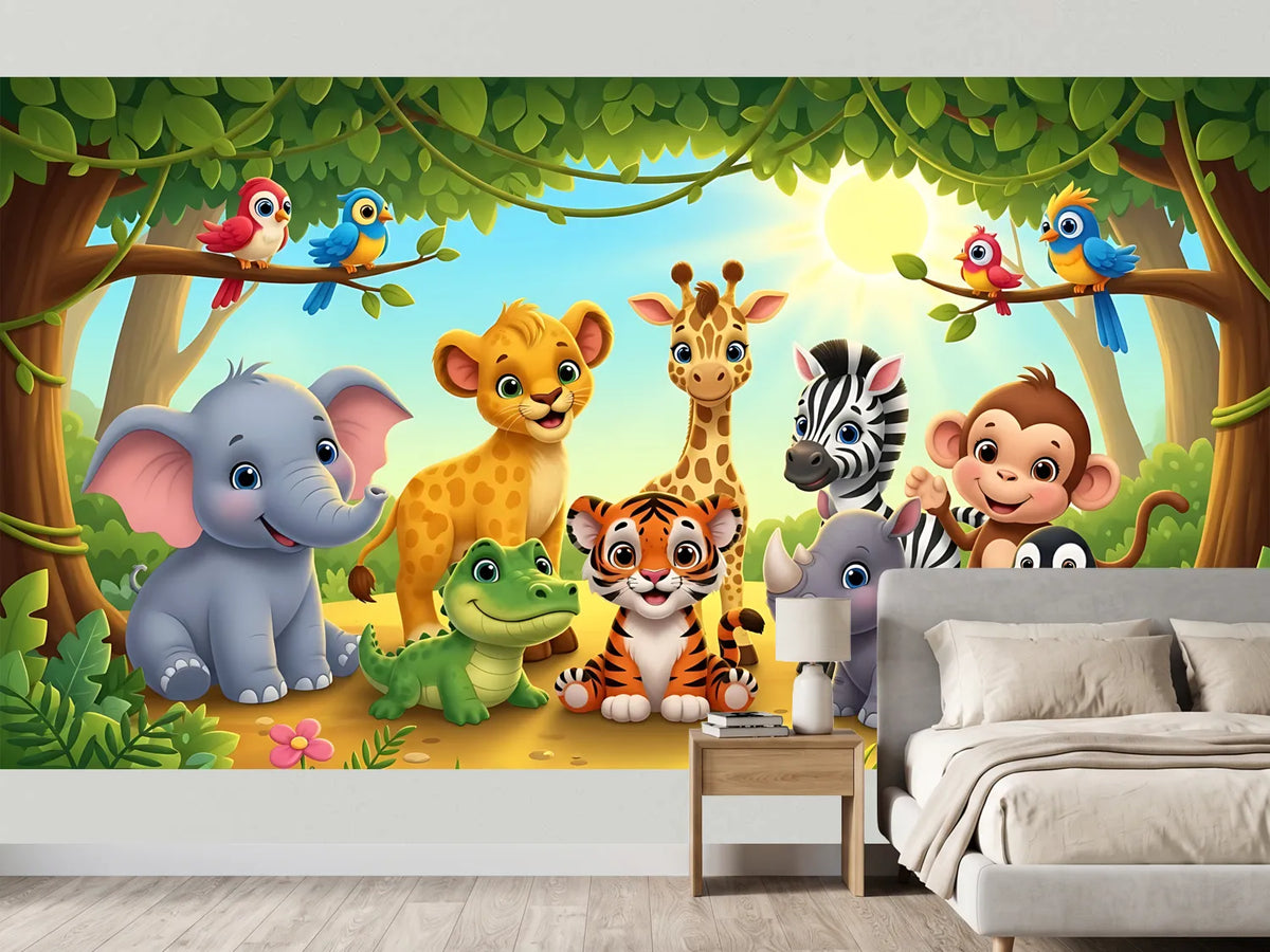 photo-wallpaper-cheerful-baby-jungle-animals-in-bright-sunshine-colourful-cartoon-style