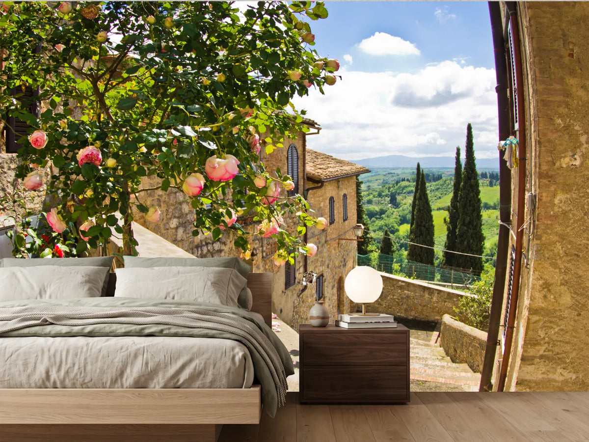 photo-wallpaper-roses-at-balcony-in-san-gimignano-tuscany-landscape-background