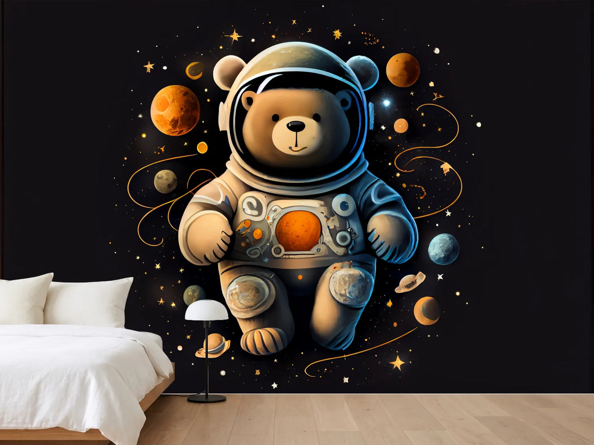 photo-wallpaper-a-cute-bear-astronaut-in-outer-space-surrounded-by-planets-generative-ai