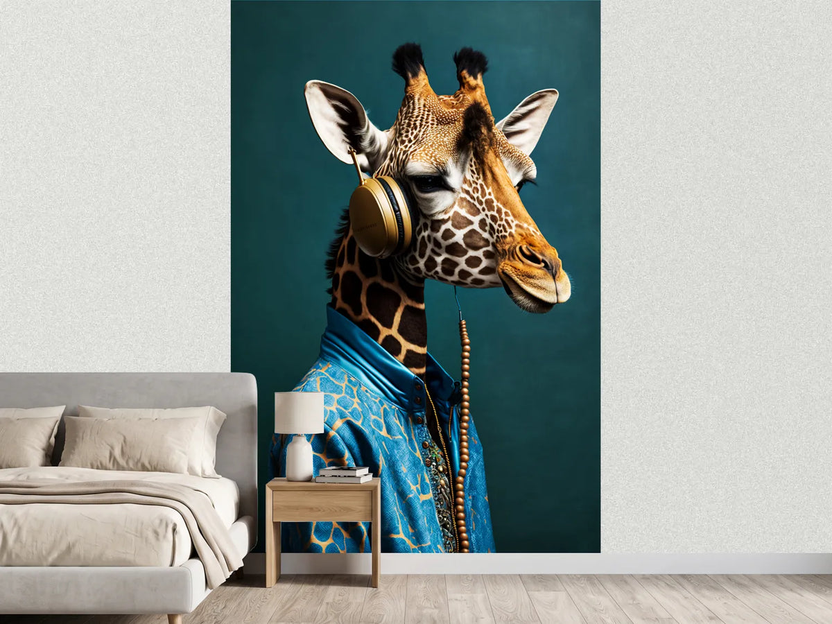 photo-wallpaper-giraffe-in-a-blue-silk-shirt-wearing-golden-headphones