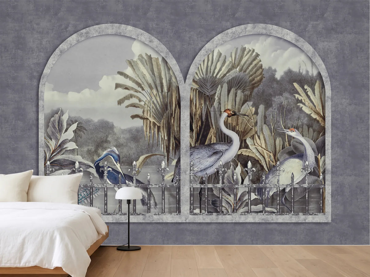 photo-wallpaper-elegant-cranes-tropical-garden