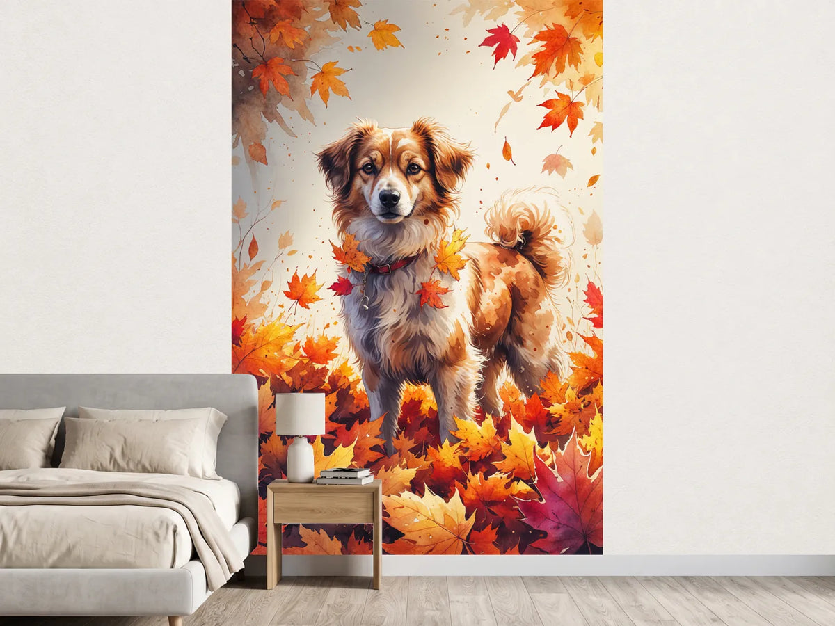 photo-wallpaper-cute-dog-in-autumn-leaves-watercolor-illustration