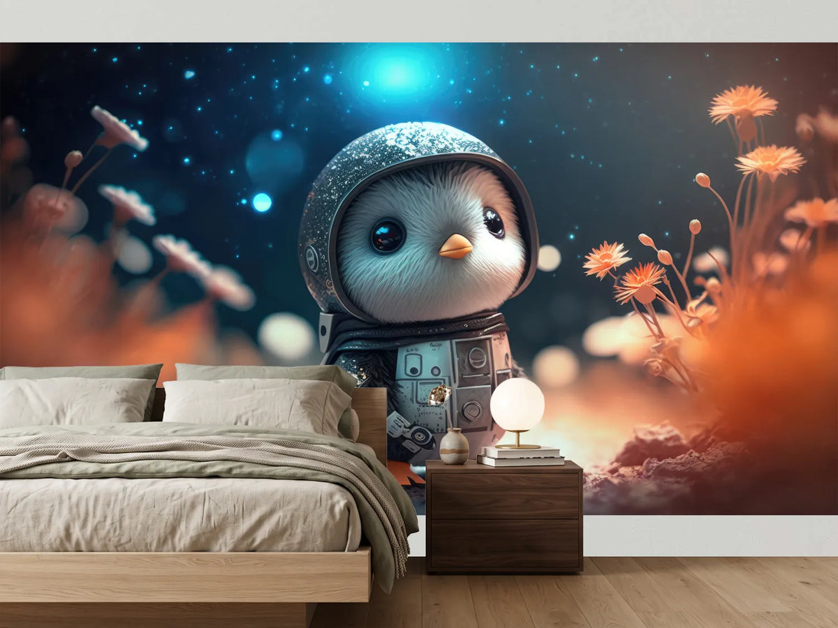 photo-wallpaper-baby-penguin-in-a-space-suit-among-glowing-flowers-under-starry-skies