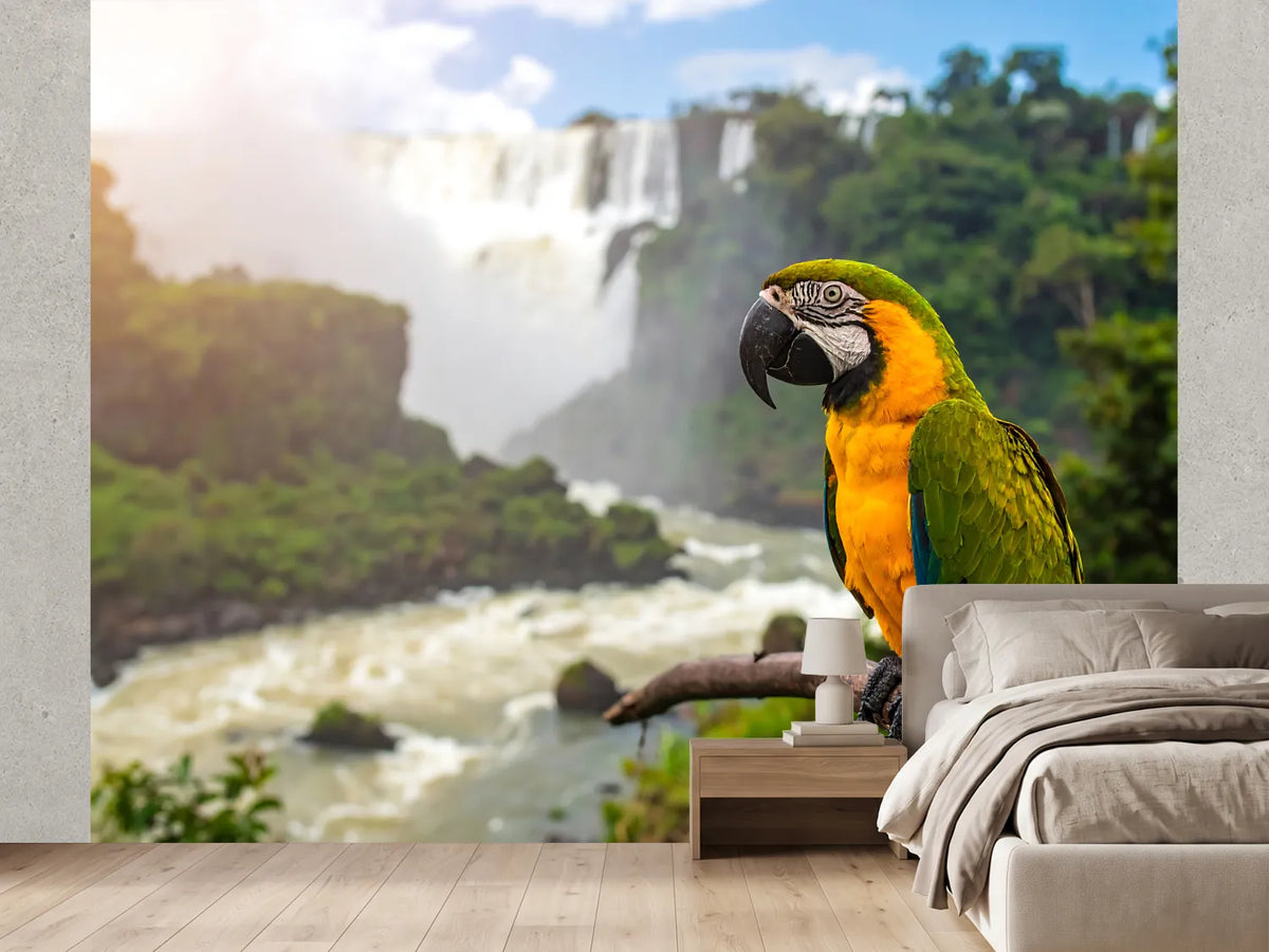 photo-wallpaper-parrot-perched-on-branch-overlooking-a-waterfall