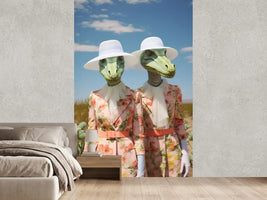 photo-wallpaper-two-dinosaur-ladies-in-floral-dresses-and-white-sun-hats