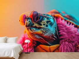 photo-wallpaper-turtle-in-round-sunglasses-against-neon-pink-and-turquoise