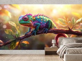 photo-wallpaper-colourful-chameleon-on-a-branch-in-golden-backlight