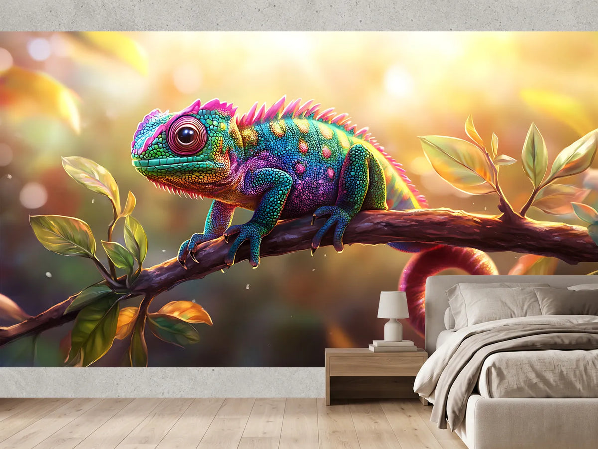 photo-wallpaper-colourful-chameleon-on-a-branch-in-golden-backlight