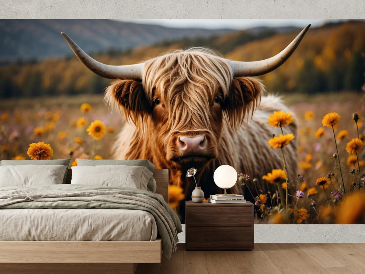 photo-wallpaper-highland-cow-among-yellow-wildflowers-with-shaggy-golden-coat