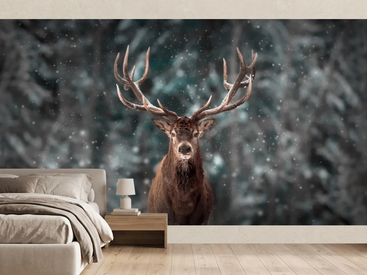 photo-wallpaper-red-deer-in-the-winter-snow-forest