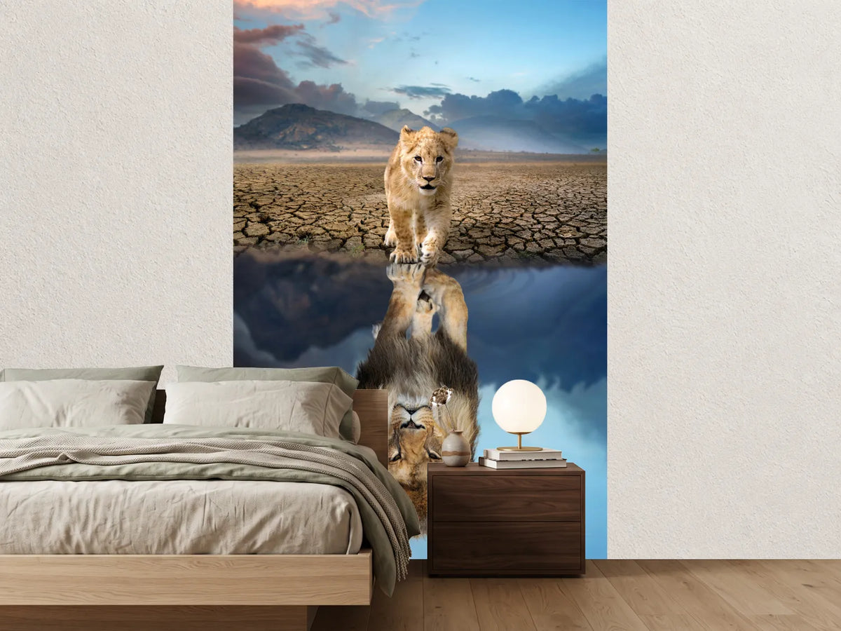 photo-wallpaper-lion-cub-looking-the-reflection-of-an-adult-lion-in-the-water