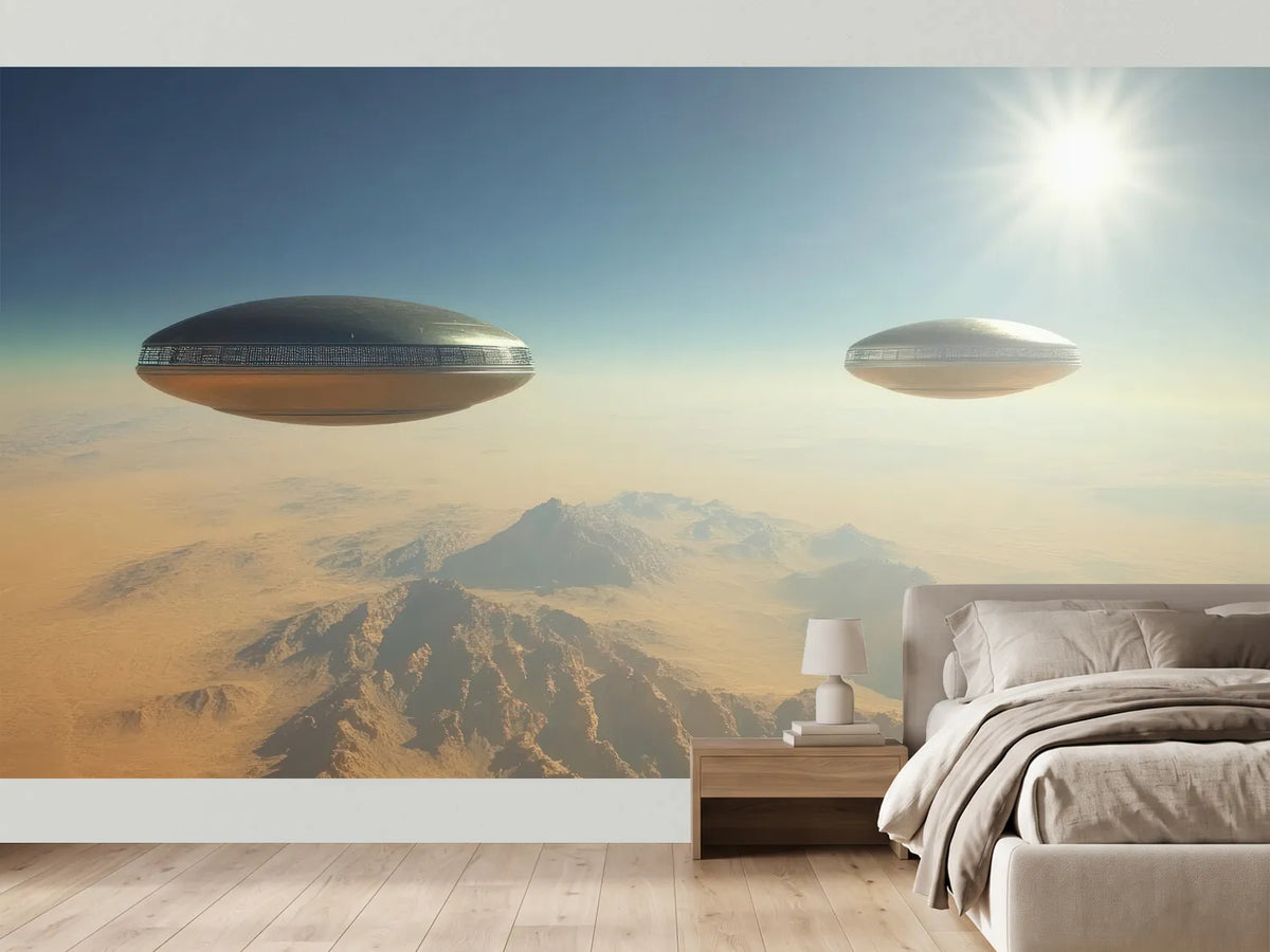photo-wallpaper-two-ufos-hovering-over-a-desert-landscape-under-a-bright-sun