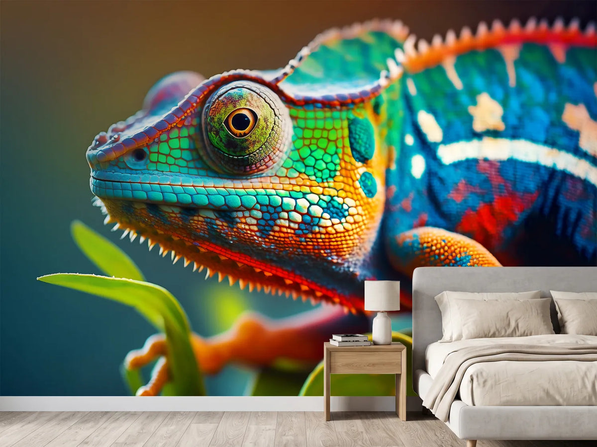 photo-wallpaper-closeup-of-a-colorful-chameleon-lizard-generative-ai