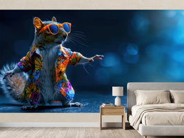 photo-wallpaper-dancing-squirrel-in-a-floral-shirt-and-orange-sunglasses-on-deep-blue