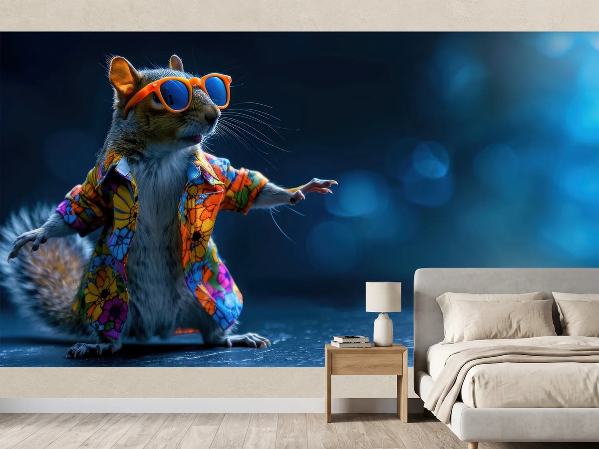 photo-wallpaper-dancing-squirrel-in-a-floral-shirt-and-orange-sunglasses-on-deep-blue