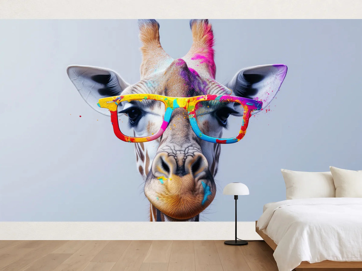 photo-wallpaper-surreal-portrait-of-a-giraffe-with-colorful-paint-splashes-and-glasses