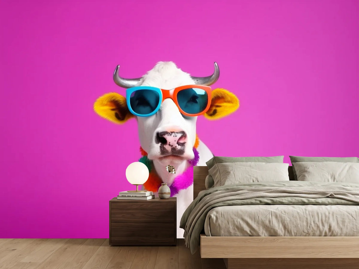 photo-wallpaper-cow-wearing-bright-sunglasses-and-a-flower-garland-on-hot-pink