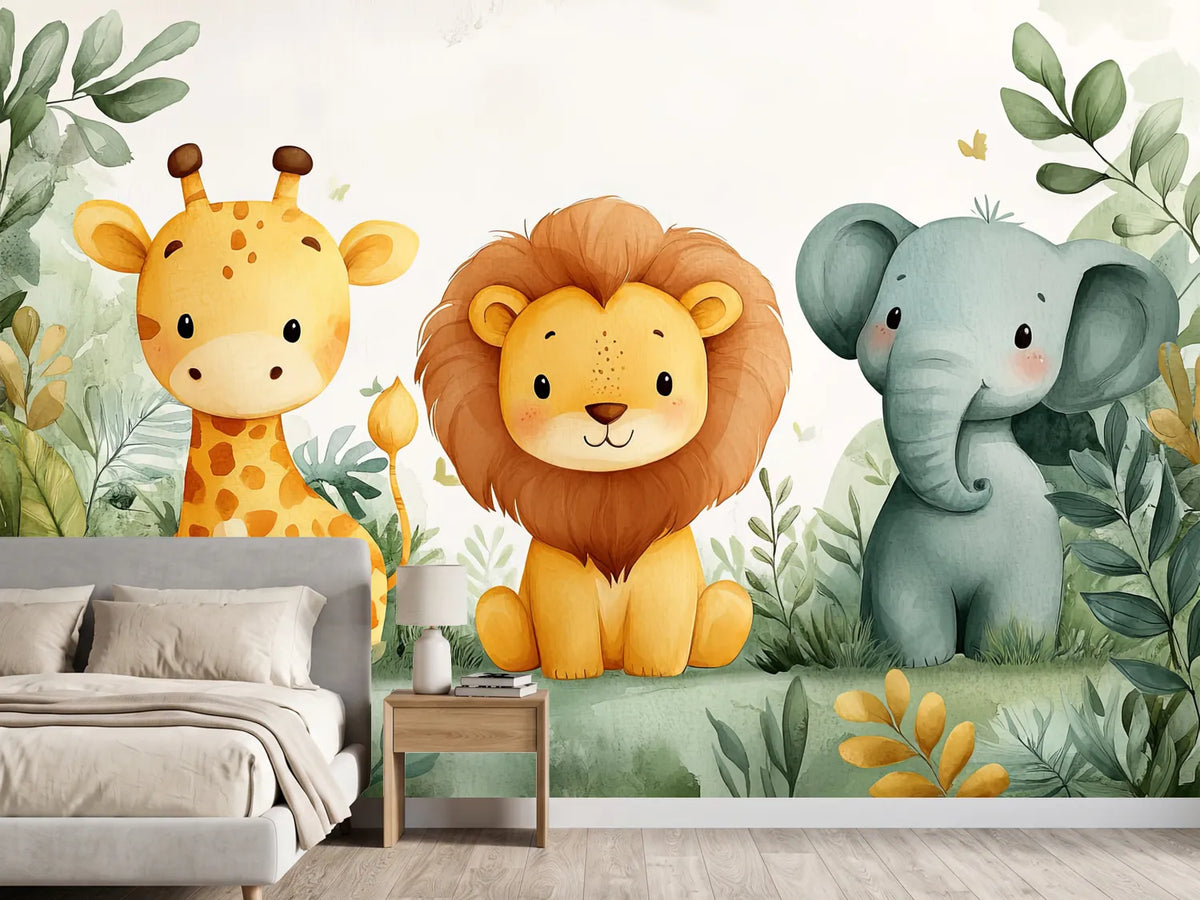 photo-wallpaper-adorable-cartoon-animals-sitting-together-in-a-jungle-setting
