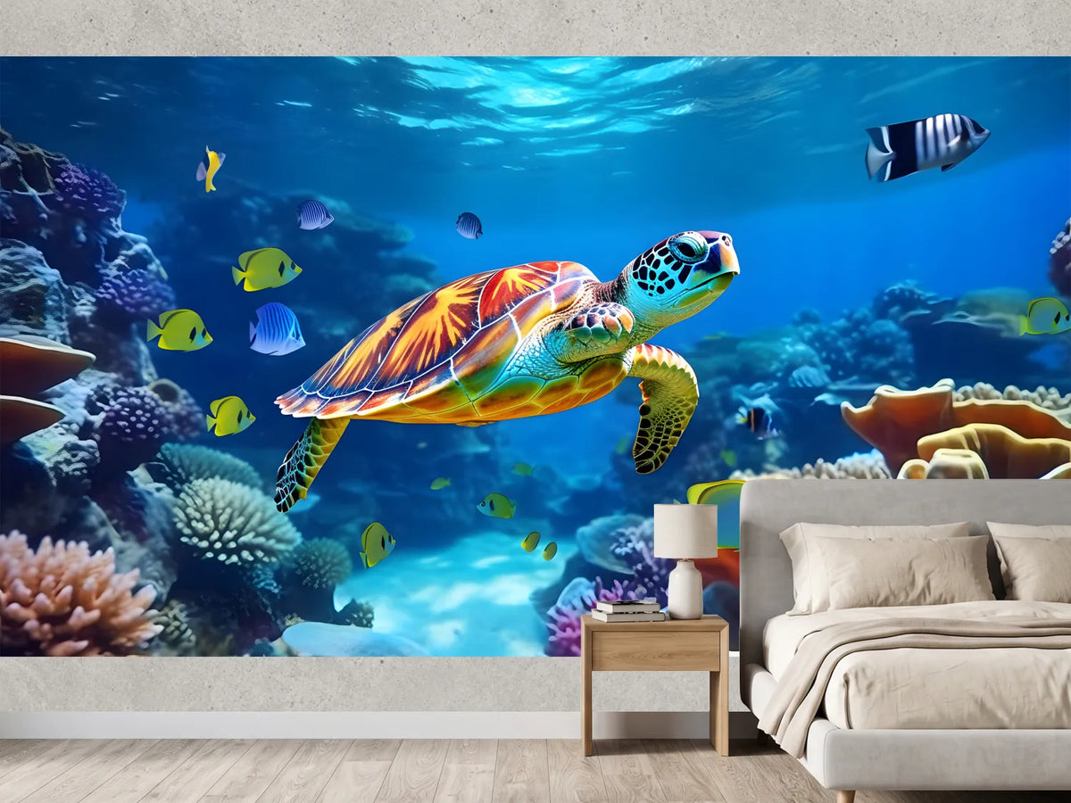 photo-wallpaper-sea-turtle-gliding-over-a-coral-reef-in-turquoise-light