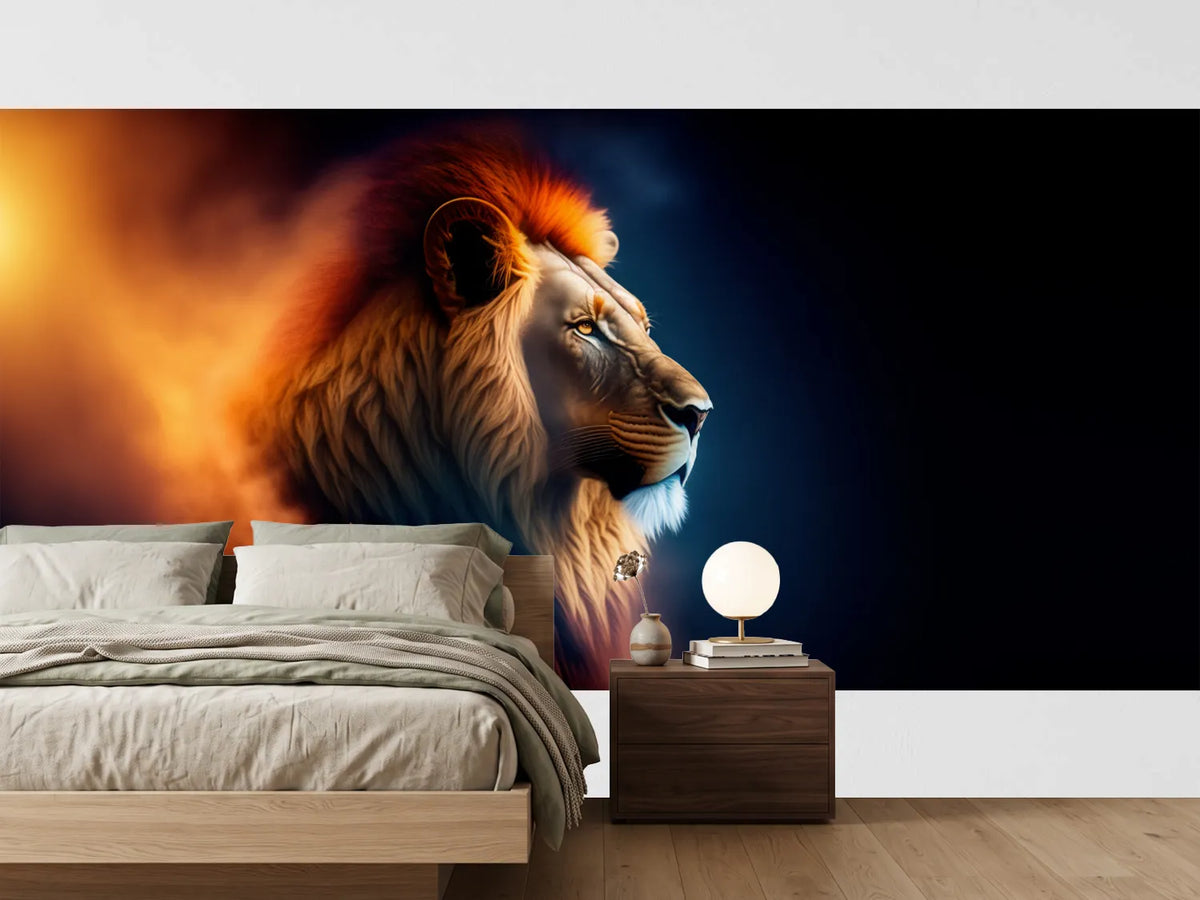 photo-wallpaper-lion-in-profile-with-a-glowing-mane-against-deep-blue-darkness