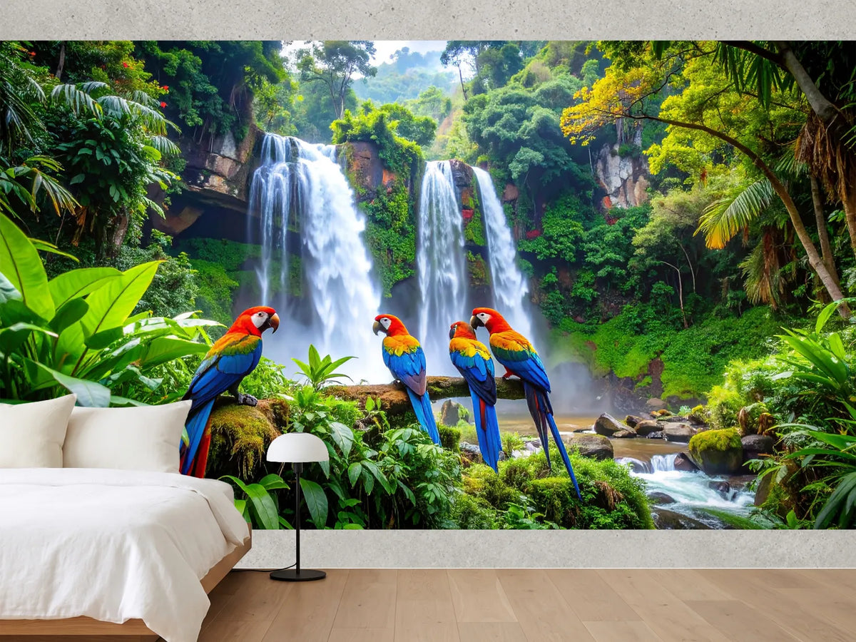 photo-wallpaper-scarlet-macaws-before-a-thundering-jungle-waterfall-in-deep-green
