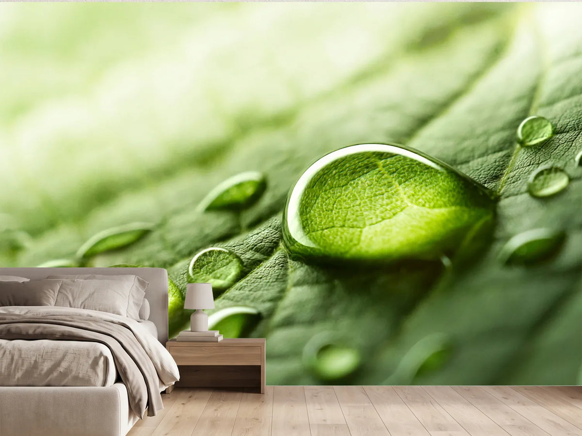 photo-wallpaper-dew-drops-on-a-green-leaf-in-soft-morning-light-macro