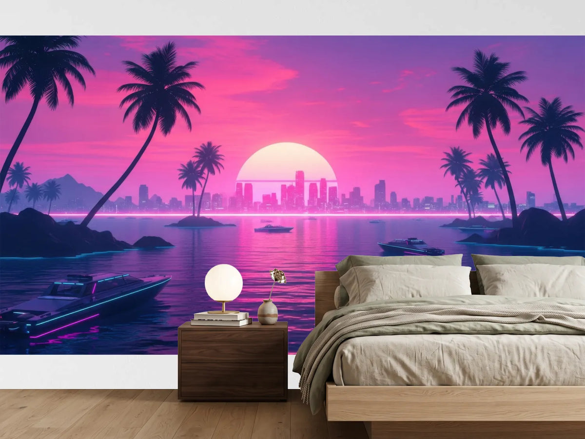 photo-wallpaper-neon-sunset-over-a-tropical-bay-with-palms-and-a-distant-skyline