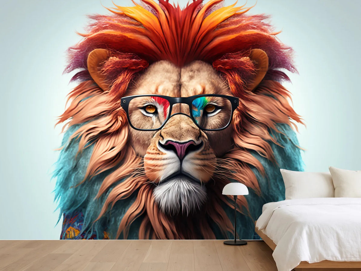 photo-wallpaper-lion-portrait-with-glasses-and-a-mane-in-red-and-turquoise