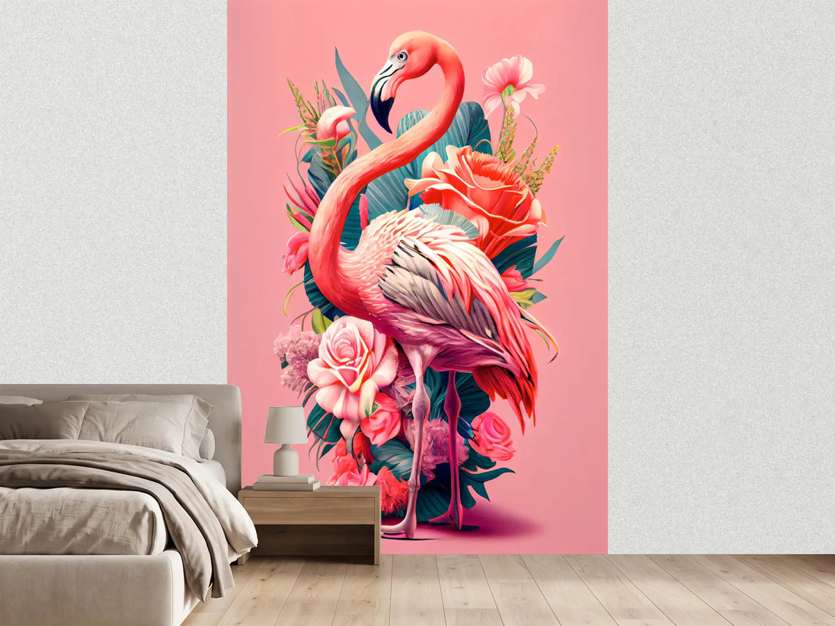 photo-wallpaper-flamingo-among-roses-and-foliage-on-soft-pink