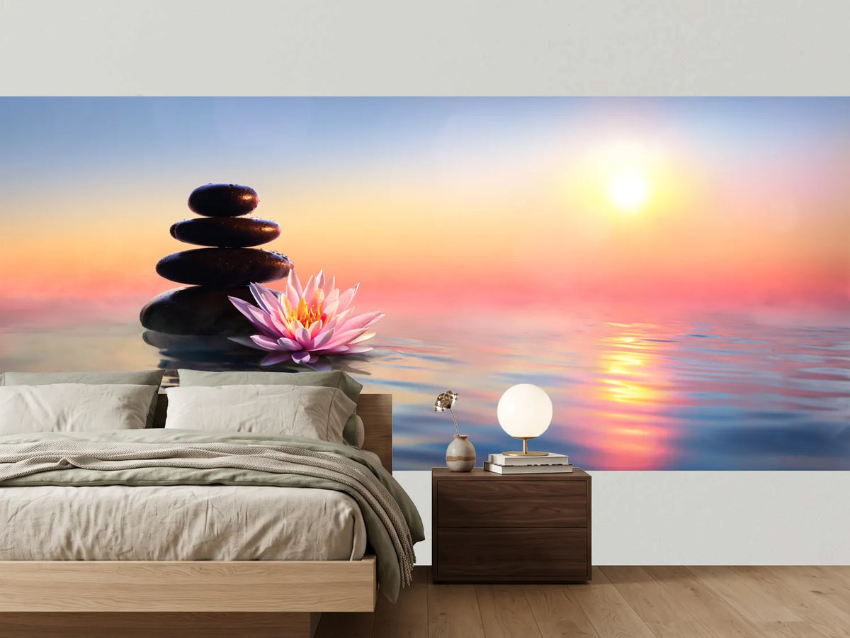 photo-wallpaper-zen-concept-spa-stones-and-waterlily-in-lake-at-sunset