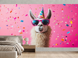 photo-wallpaper-llama-in-pink-sunglasses-and-party-hat-amid-falling-confetti