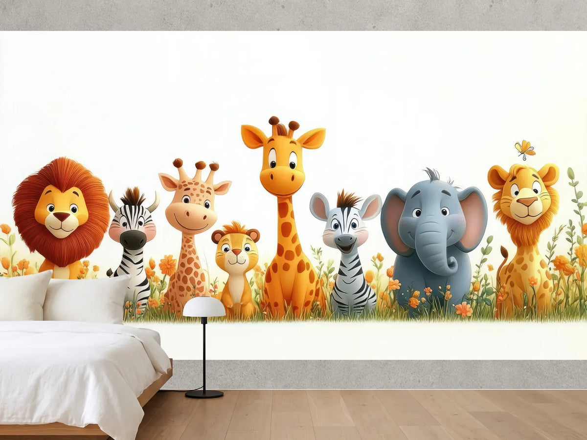 photo-wallpaper-cheerful-safari-animals-in-a-meadow-of-orange-flowers