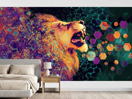 photo-wallpaper-roaring-lion-in-profile-among-glowing-hexagons