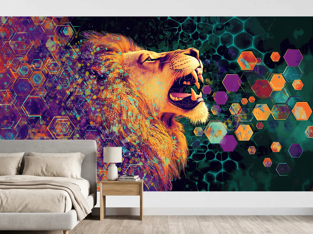 photo-wallpaper-roaring-lion-in-profile-among-glowing-hexagons