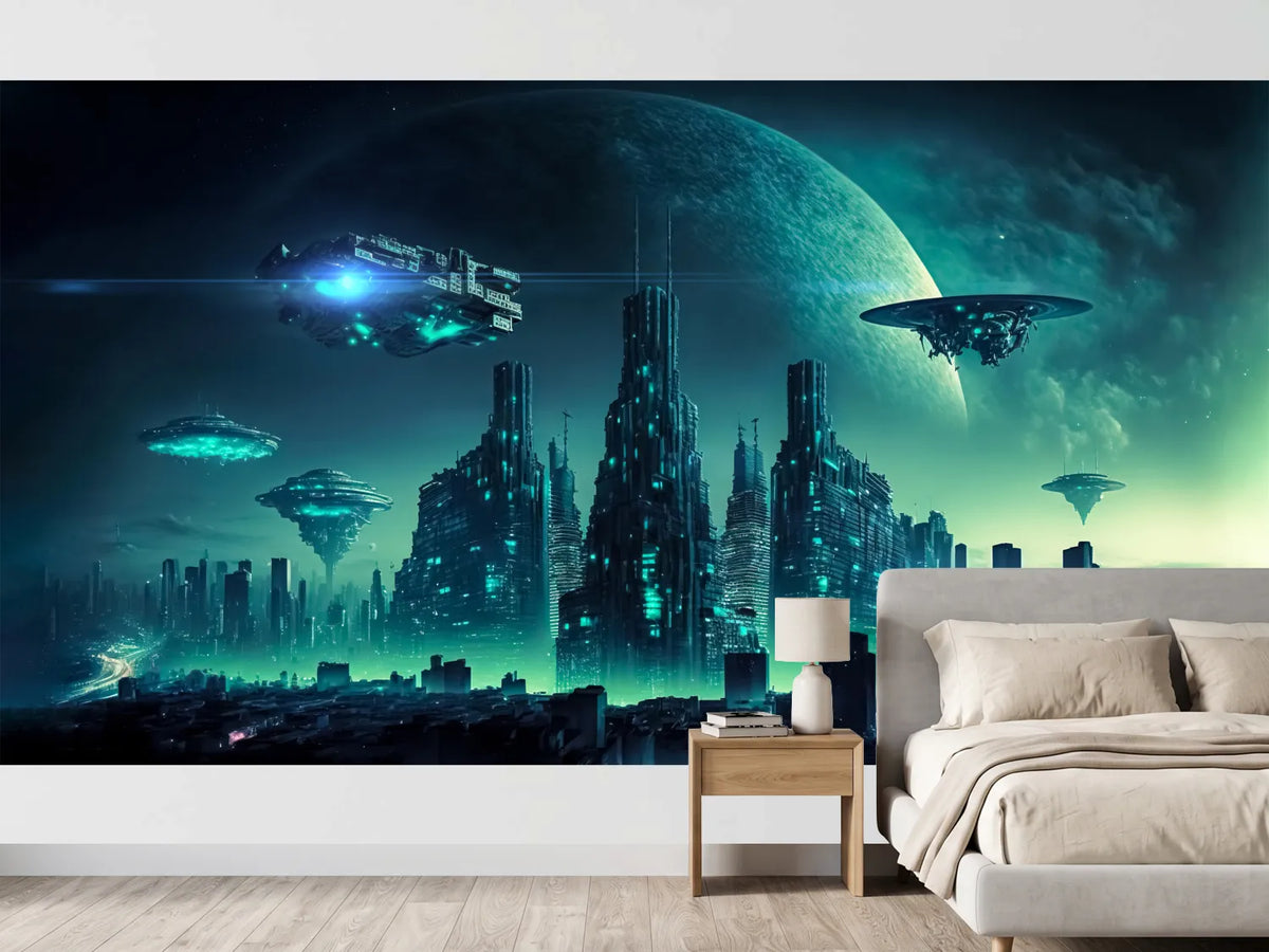 photo-wallpaper-spaceships-above-a-turquoise-lit-city-skyline-at-night
