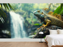 photo-wallpaper-green-iguana-perched-on-a-branch-with-a-waterfall-in-the-background