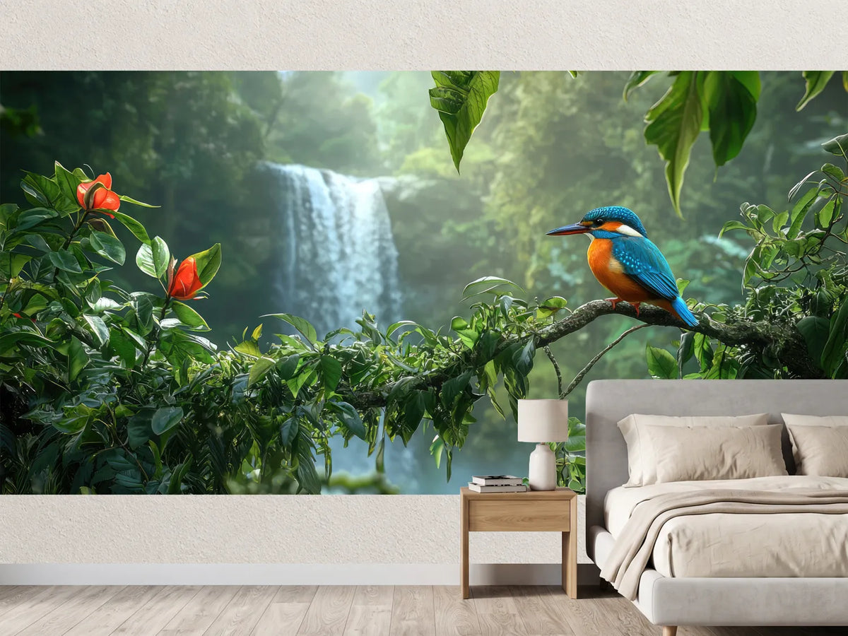 photo-wallpaper-kingfisher-on-a-branch-before-a-jungle-waterfall