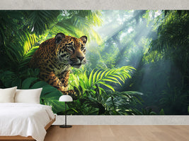 photo-wallpaper-jaguar-in-green-jungle-with-sunbeams-through-the-leaves