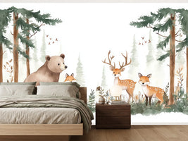 photo-wallpaper-bear-fox-and-deer-in-a-pine-forest-painted-in-soft-watercolour
