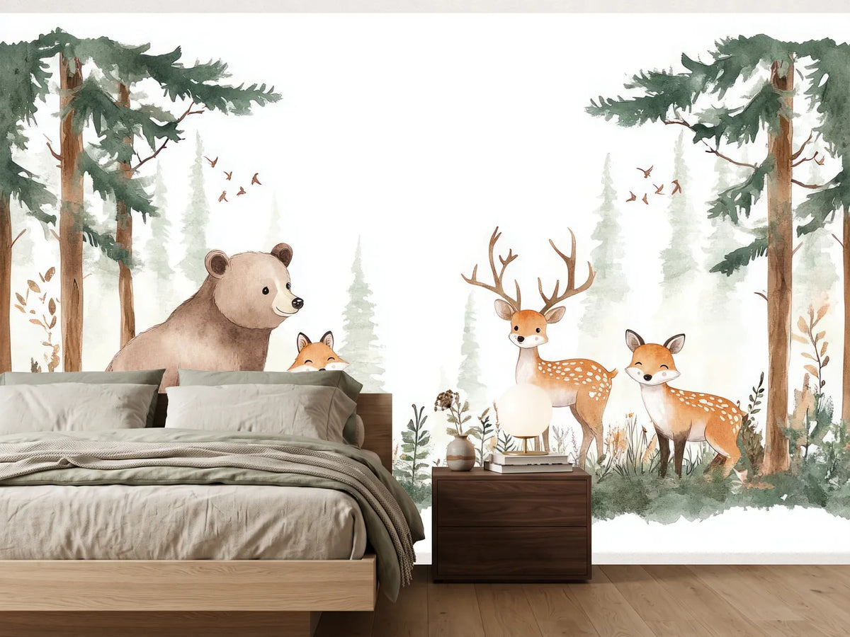 photo-wallpaper-bear-fox-and-deer-in-a-pine-forest-painted-in-soft-watercolour