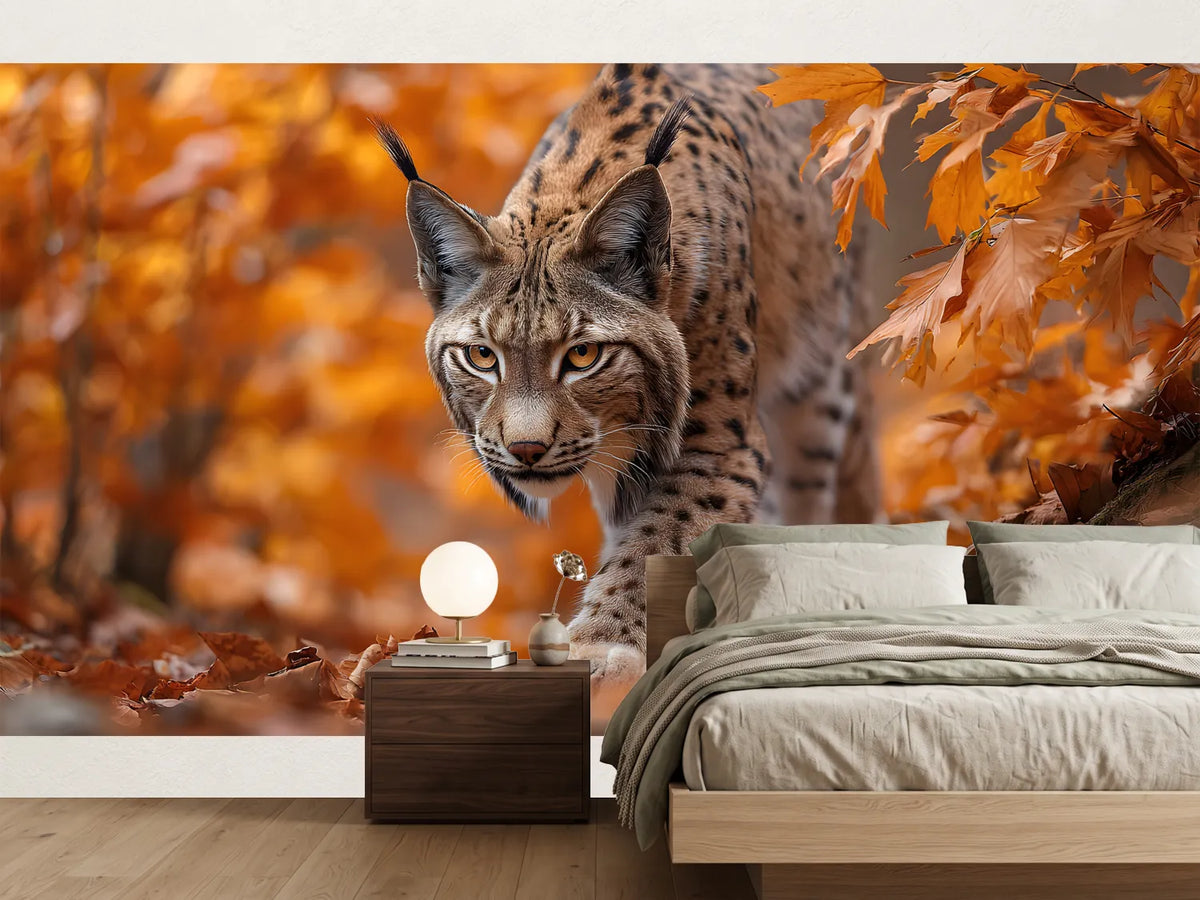 photo-wallpaper-lynx-prowling-through-golden-autumn-leaves