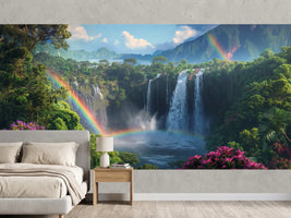 photo-wallpaper-tropical-waterfall-with-a-rainbow-over-blossoming-jungle
