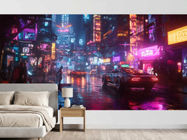 photo-wallpaper-neon-city-in-the-rain-sports-car-on-mirrored-asphalt