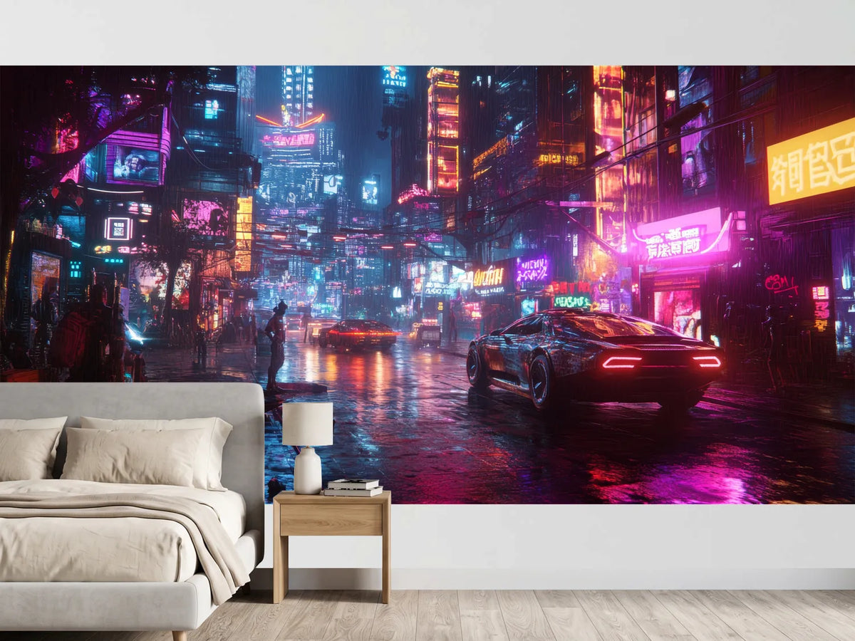 photo-wallpaper-neon-city-in-the-rain-sports-car-on-mirrored-asphalt