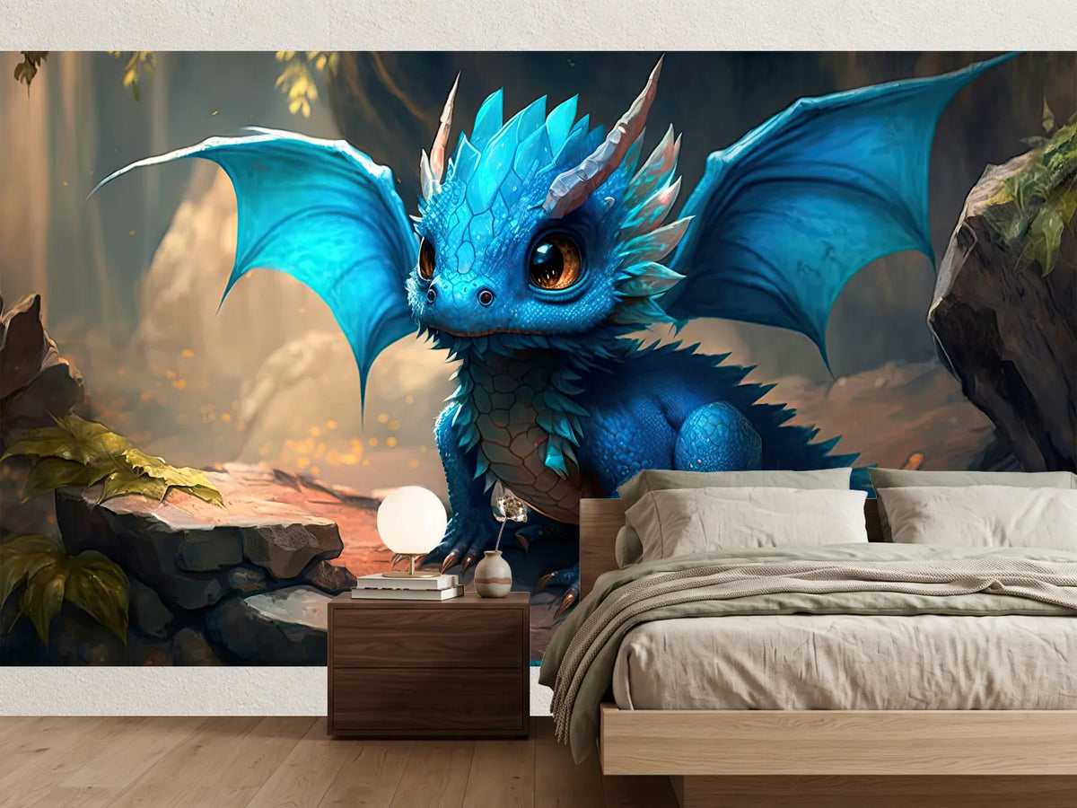 photo-wallpaper-little-blue-dragon-with-golden-eyes-among-mossy-rocks