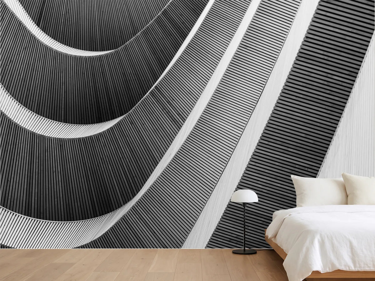 photo-wallpaper-curved-wooden-slats-sweeping-across-a-facade-in-black-and-white